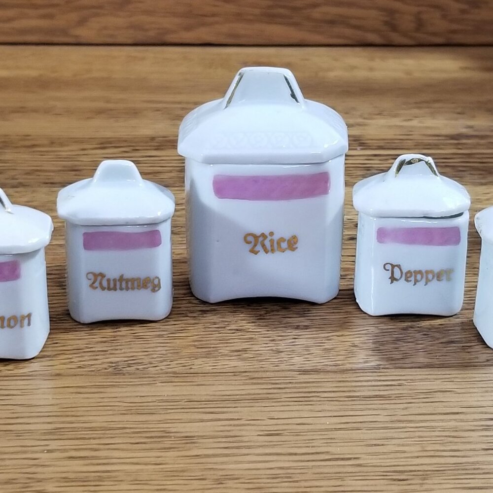 Vintage Miniature Porcelain Canister and Spice Jar Set